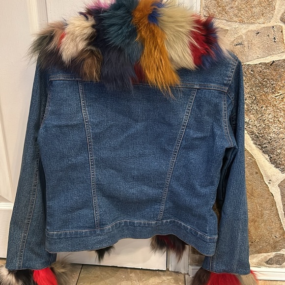 Jean Jacket with Multicolored Fur Trim - Picture 3 of 3